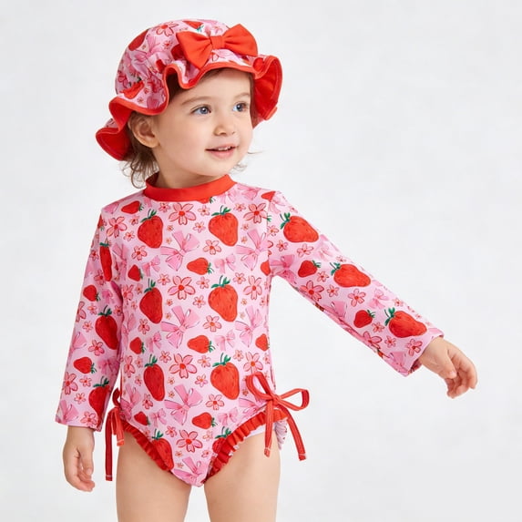 VOUZZA Baby Girls Ice Cream Swimsuit with Hat, Strawberry One Piece Bathing Suit, Infants & Toddlers 3M-3Y, 2pc Set