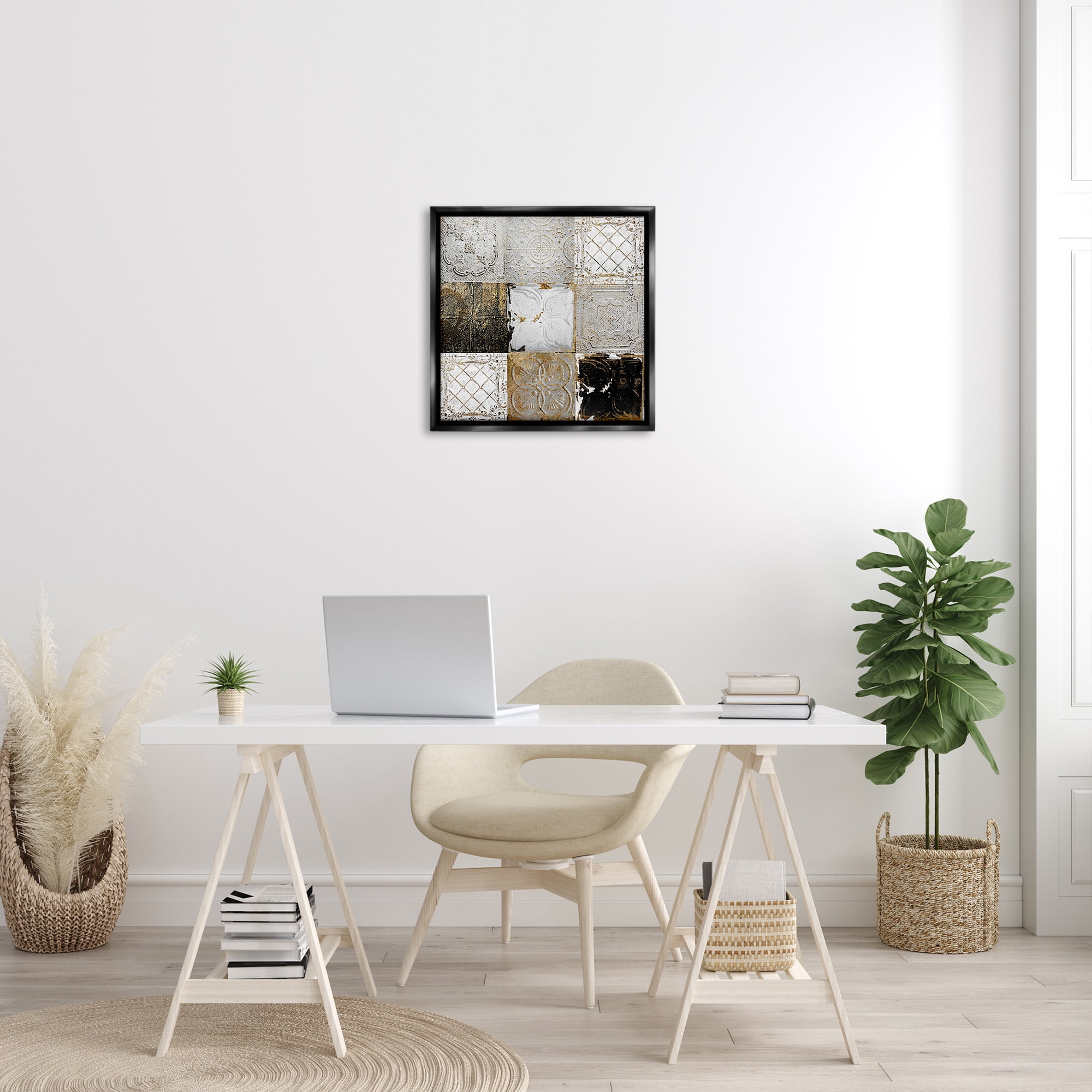 Stupell Industries Antique Ceiling Tile Collage Botanical & Floral Photography Black Floater Framed Canvas Art Print Wall Art, 25 x 25