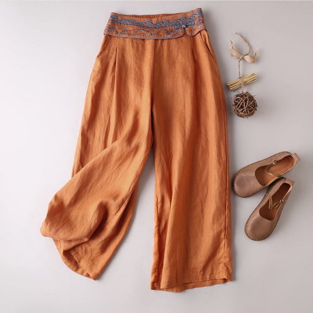 Pantalones de algodón y lino de estilo chino Pantalones de pierna ancha Pantalones de algodón y lino de pierna recta Nuevo estilo chino Bordado artístico Ropa de té zen Pantalones de mujer