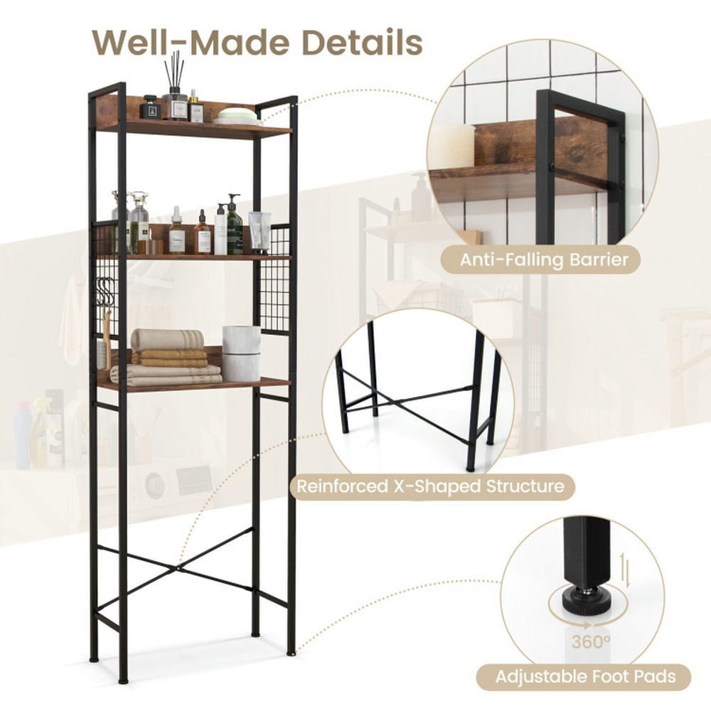 Finihen Toilet Storage Rack, Towel Rack, Towel Holder, 3-Tier Over-the-Toilet Storage Rack with 3 Hooks, for Bathroom, Rustic Brown