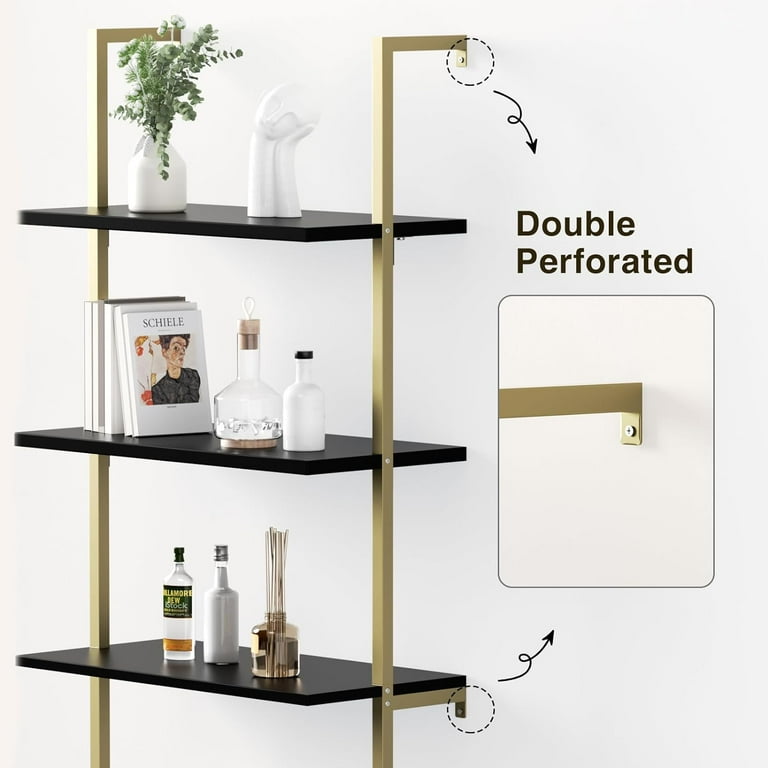 3 Tier Black Gold Ladder Shelf with Storage Cabinet Modern Ladder Bookshelf with Doors Wall Mount Bookcase with Metal Frame Display Shelves for