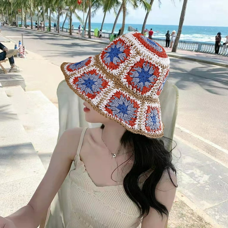 Yasu Flower Pattern Hat Women Straw Hat Floral Pattern Crochet Straw Sun  Hat Anti-uv Sun Protection Foldable Packable Wide Brim