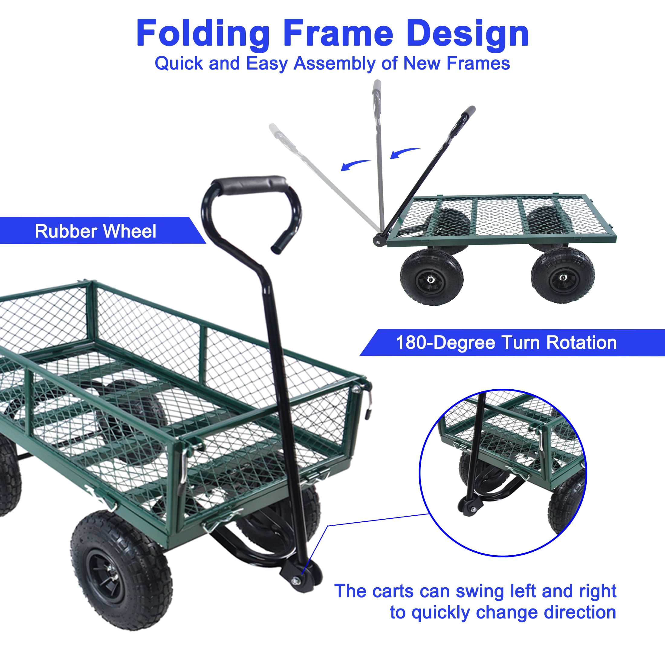 Garden Wagon Cart, 550lbs Heavy-Duty Utility Cart with 10" Pneumatic Tires, Removable Sides & 180° Steering Handle, Foldable Firewood Cart for Yard, Green