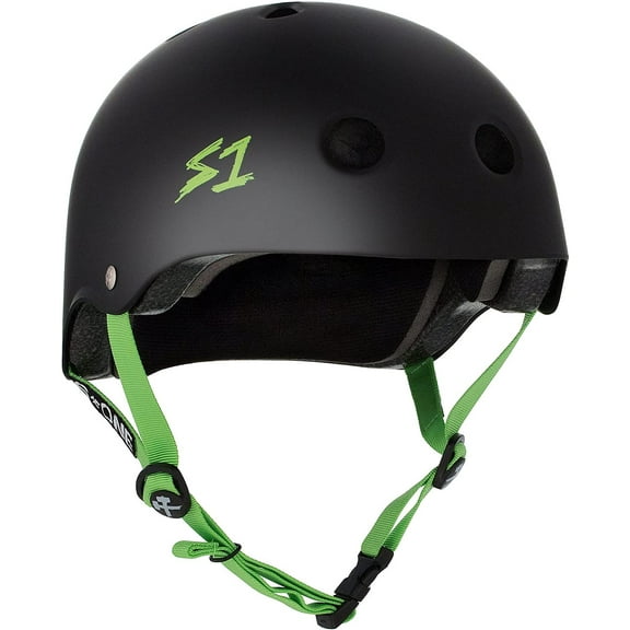 S1 Lifer Helmet for Skateboarding, BMX, and Roller Skating - Black Matte w/Bright Green Straps, X-Large (22.5")
