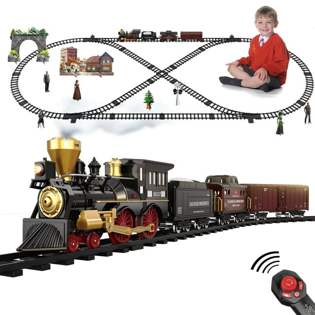 Train Set for Kids - Electric Remote Control Train Track Around Christmas Tree, Steam Locomotive Engine Train Railway Kits w/Smoke, Light & Sounds, Christmas Toys Gif