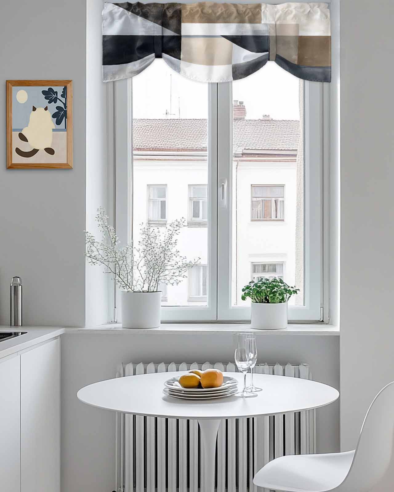 Abstract Black Brown White Tie Up Valances Curtain, Modern Art Brown Grey Kitchen Valances for Windows Decor, Rod Pocket Short Curtains Set for Bedroom/Bathroom, 60"x18"