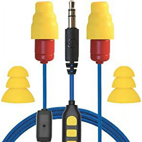 Plugfones Protector Plus VL in-Ear Earplug Earbuds, Noise Reduction Headphones with Noise Isolating Mic and Controls, Blue & Yellow