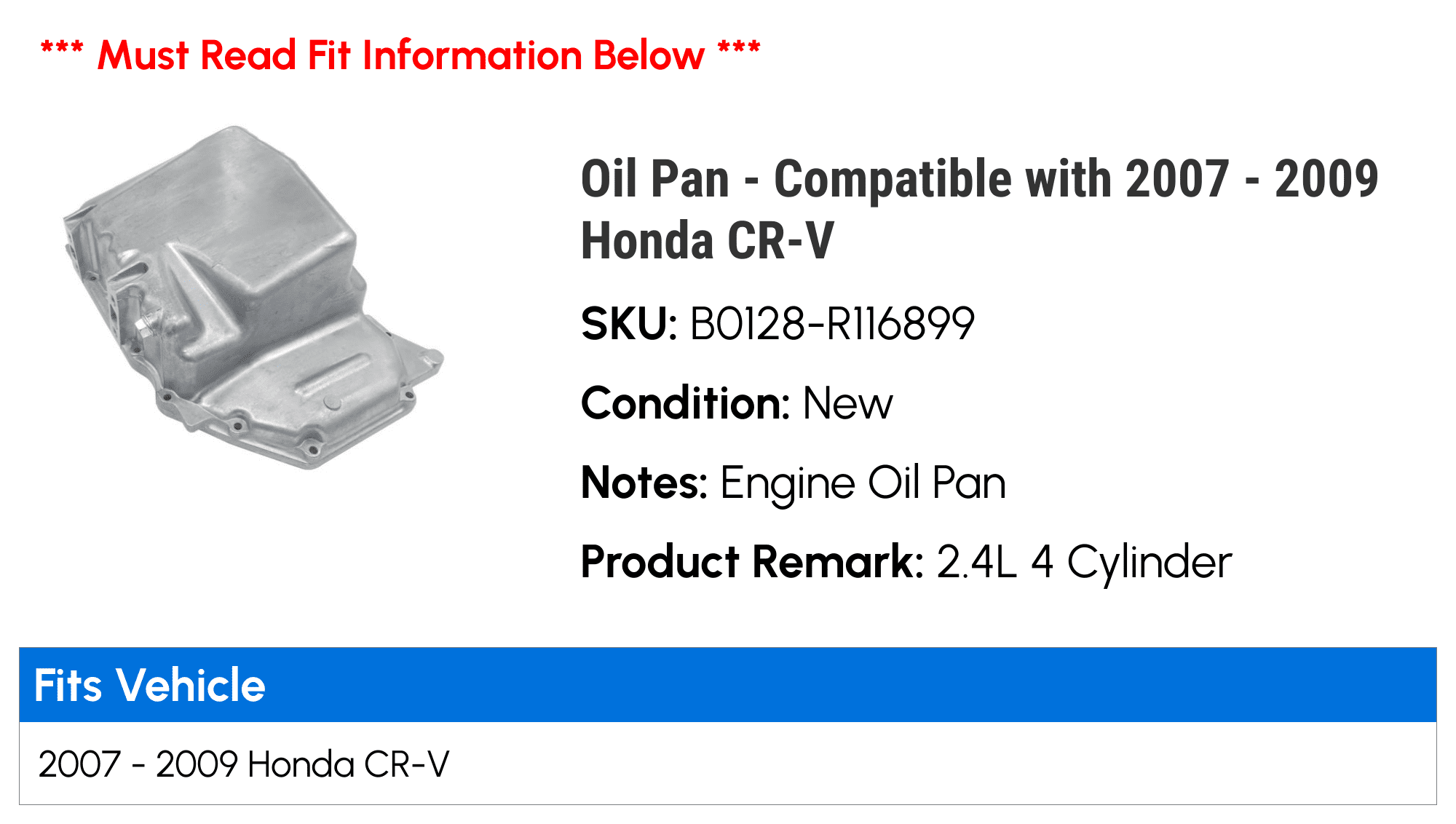 Oil Pan - Compatible with 2007 - 2009 Honda CR-V - Replacement