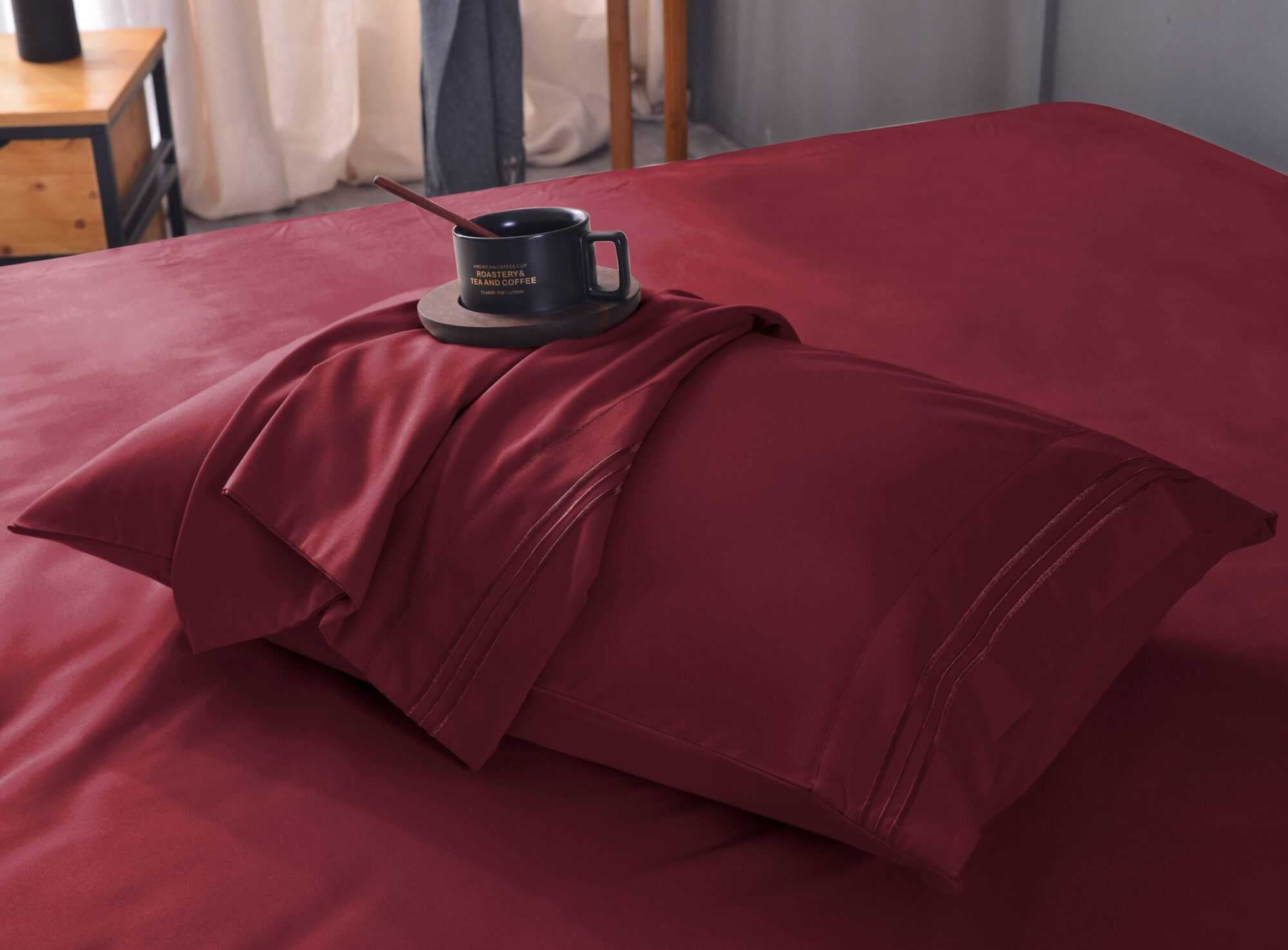 The Season Essentials Wrinkle Free Sheet Sets with Deep Pockets & Stain Resistant, 4 pc, 1800 Thread Count Bamboo Based, Burgundy, Full