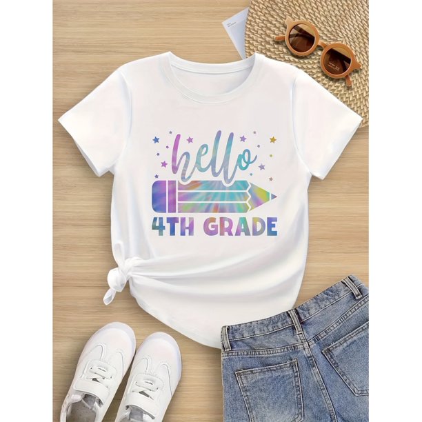 Camiseta de algodón puro de manga corta para niña con cuello redondo, informal y cómoda. Ideal para usar todo el año. El estilo "New Journey" de cuarto grado es ideal para niñas de 4 a 13 años.