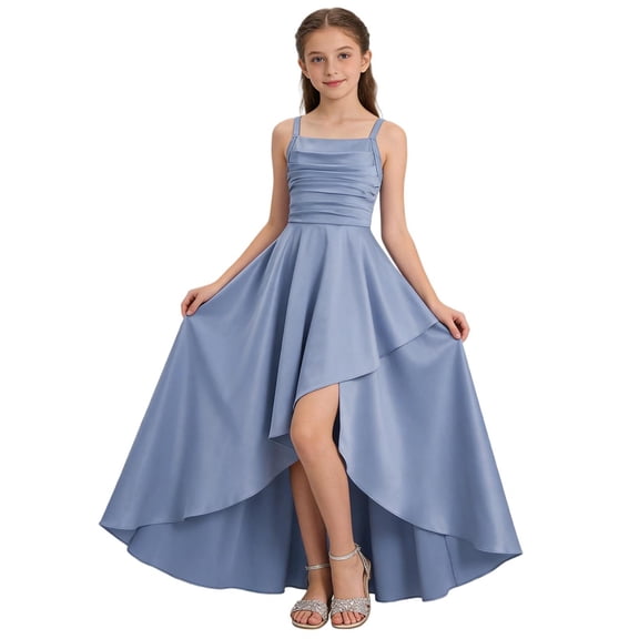FAHXNVB Girls Satin Formal Dress Spaghetti Strap Ruched Bodice High Low Hem Dress Wedding Birthday Summer Elegant Flowy Dress 5-14 Years