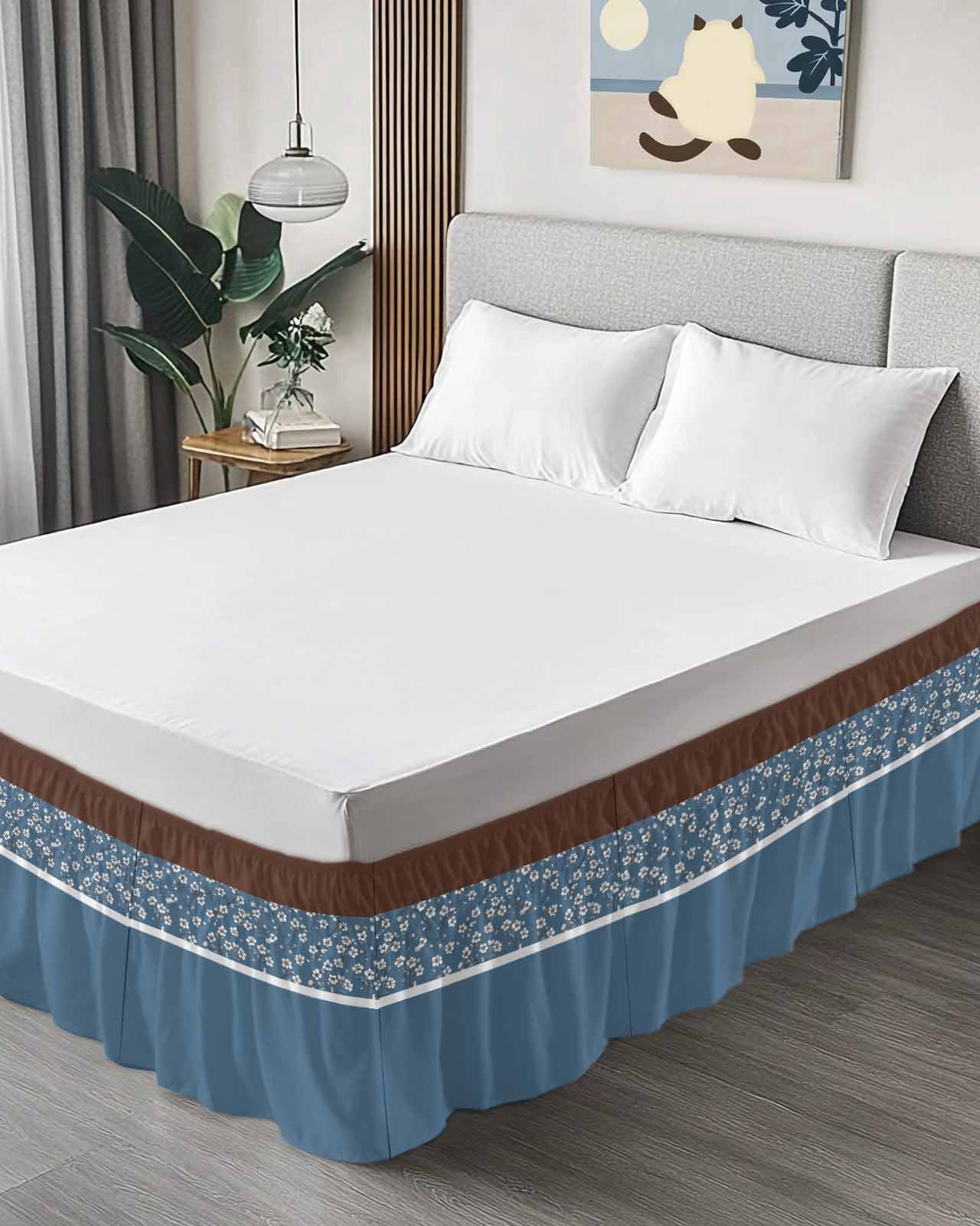 Blue Brown Flowers Wrap Around Bed Skirts for California King Bed 16" Drop,Bed Skirt with Adjustable Elastic Belt Dust Ruffle Bed Valance for Bedroom Classic Botanical Art Elegant Bed Frame Cover