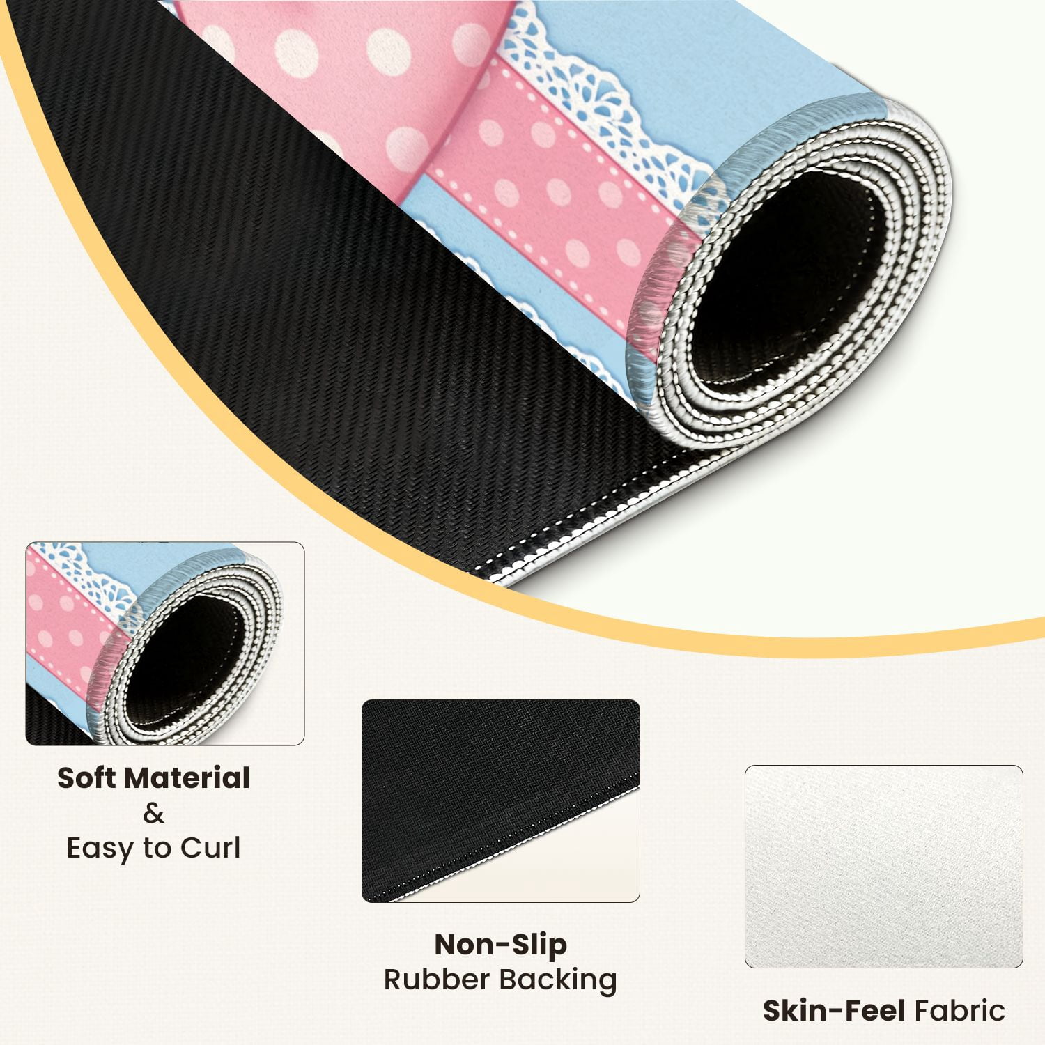 Mahjong Mat 31.5" x 31.5" Pink Polka Dot Bow Lace Trim Blue Pink Striped Non-Slip Noise Reduction Mahjong Tiles Table Cover for Dominoes Poker Card Board and Tile Games