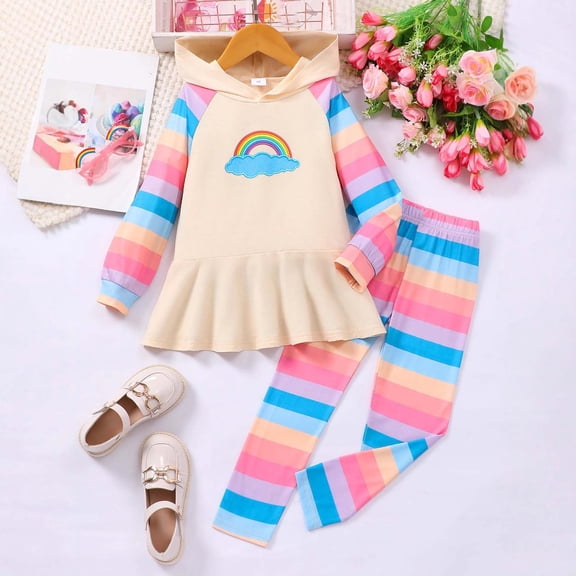 SONGGE Girls Outfit Sets 2 Piece Hooded Tops With Rainbow Pants Color Block Casual Playwear Toddler Kids 4 7 Back To School Breathable Clothes Sets