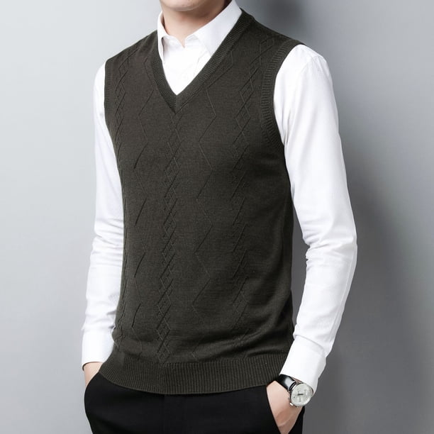 Suéter para hombre, juvenil, informal, holgado, con cuello en V, de lana, color liso, cálido