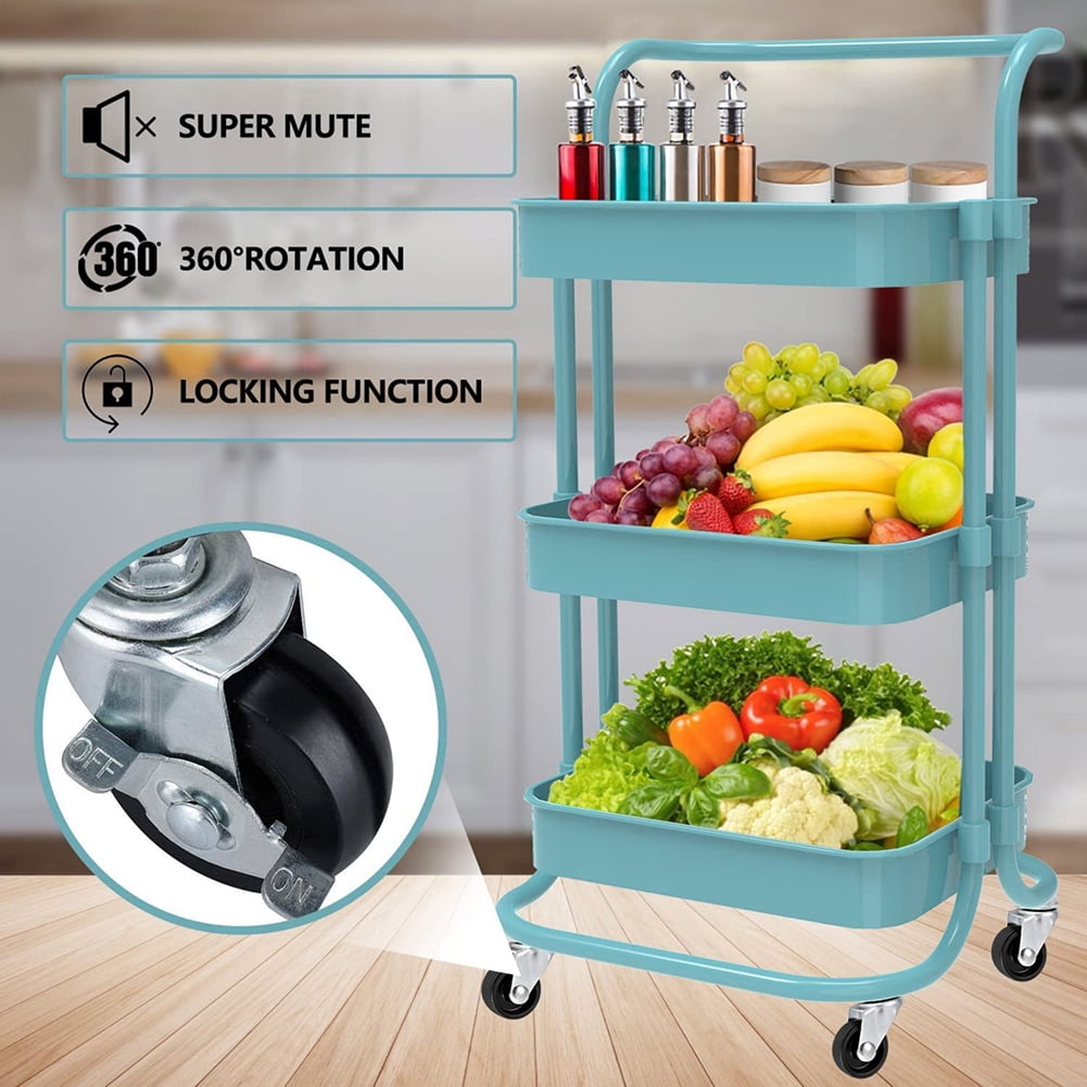 Kadyn 3 Tier Utility Carts with Lockable Wheels, Metal Rolling Cart with Handle, Storage Organizer Trolley Cart for Bathroom, Blue Kadyn 3 Tier Utility Carts with Lockable Wheels, Metal Rolling Cart with Handle, Storage Organizer Trolley Cart for Bathroom, Blue