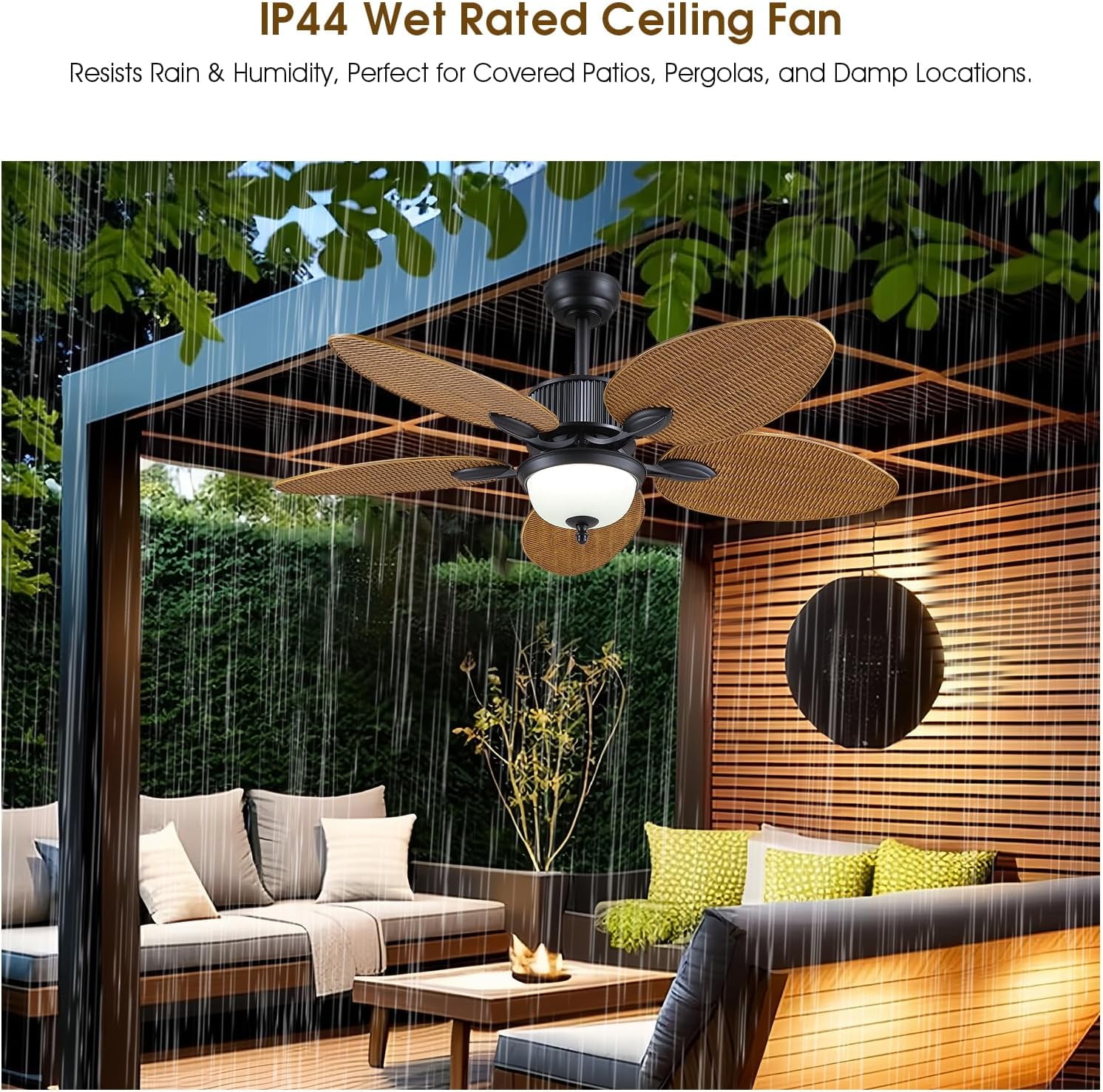 50 Inch Tropical Ceiling Fan with Light & Remote Control, Waterproof Palm Leaf Ceiling Fan for Patio, Porch, Gazebo, Outdoor, 6 Speeds, Quiet Operation, LED Light, Wet Rated, Brown with Glass, 41W
