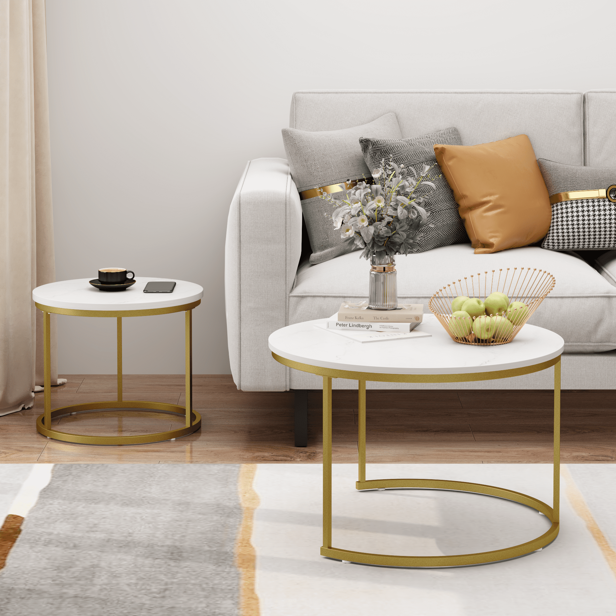 27.6in Nesting Coffee Table Set of 2, Round Coffee Table Wood Marble Pattern Top with Sturdy Metal Frame, End Table Side Tables for Living Room Bedroom Balcony Yard (White)