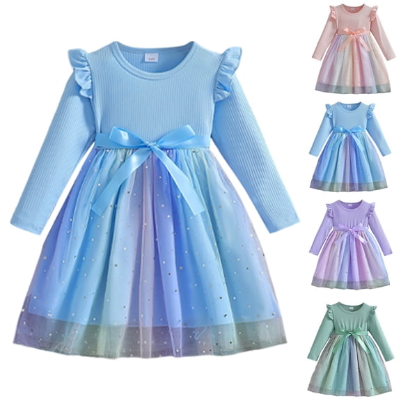 Pink Dress for Girls Long Sleeve Toddler Girls Tutu Dresses Long Sleeve Ruffle Fall Winter Holiday Star Sequin Tulle Dress 2-6Y