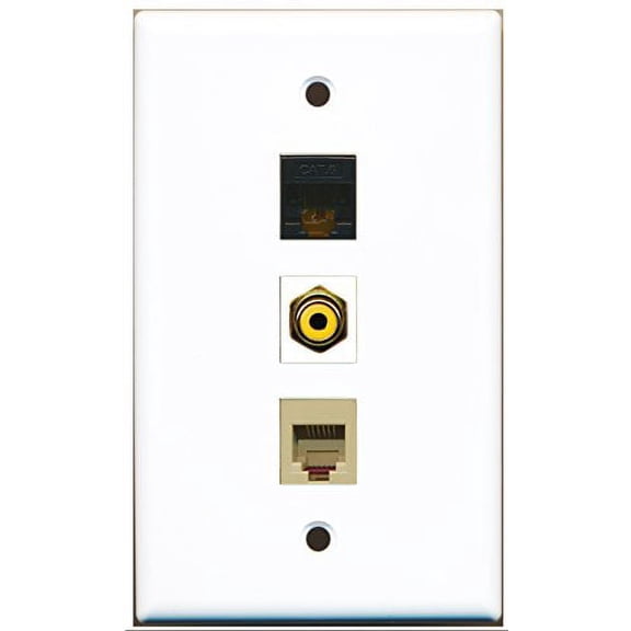 RiteAV - 1 Port RCA Yellow and 1 Port Phone RJ11 RJ12 Beige and 1 Port Cat6 Ethernet Black Wall Plate