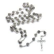 Tmboryuu Catholic Rose Flowers Beads Rosary Necklace for Women Cross Pendant Long Chains Prayer Fashion Religious Jewelry Gift
