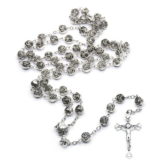 Tmboryuu Catholic Rose Flowers Beads Rosary Necklace for Women Cross Pendant Long Chains Prayer Fashion Religious Jewelry Gift