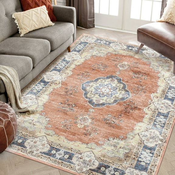 Boho Distressed Washable Runner Rug 2x6 FT, Non-Slip Low Pile Soft Carpet for Hallway Kitchen Living Room Bedroom Vintage Decor