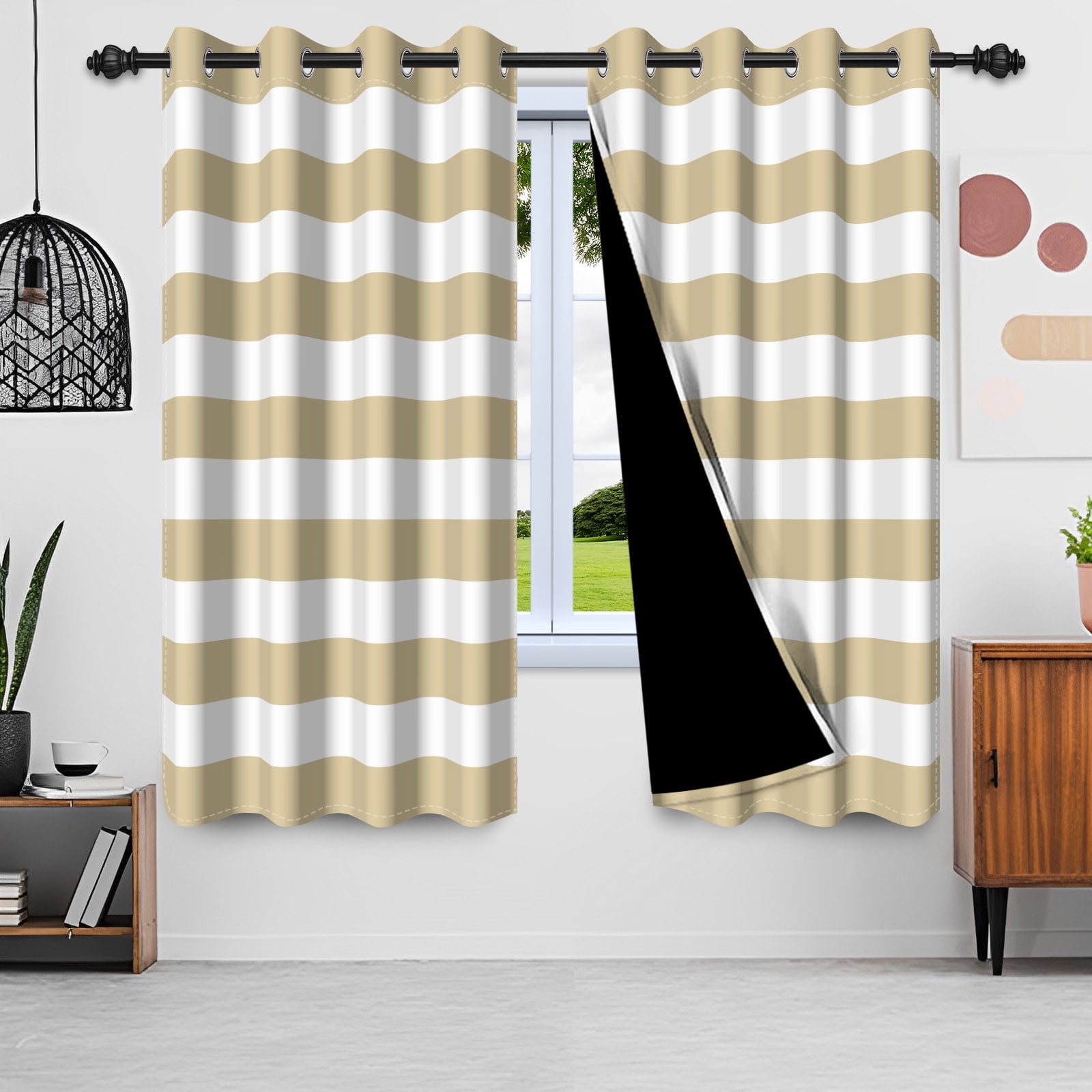 Nanqianyi Beige Striped Blackout Curtains, Classic Horizontal Stripe Grommet Drapes for Bedroom, Thermal Insulated Room Darkening Curtains 2 Panels Set 42x84 Inch