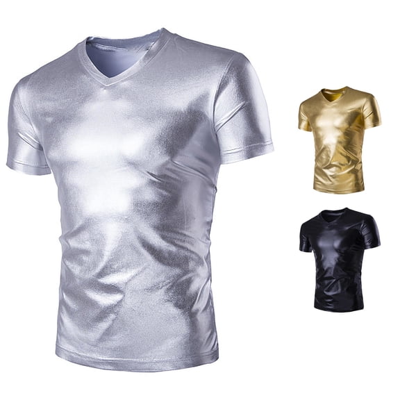 ZXLBBD Mens T-Shirts V‑Neck Short Sleeve Crew Neck T‑Shirt Shiny Slim Fit Performance Party Solid Color T-Shirts for Man Dailywear,Silver,3XL