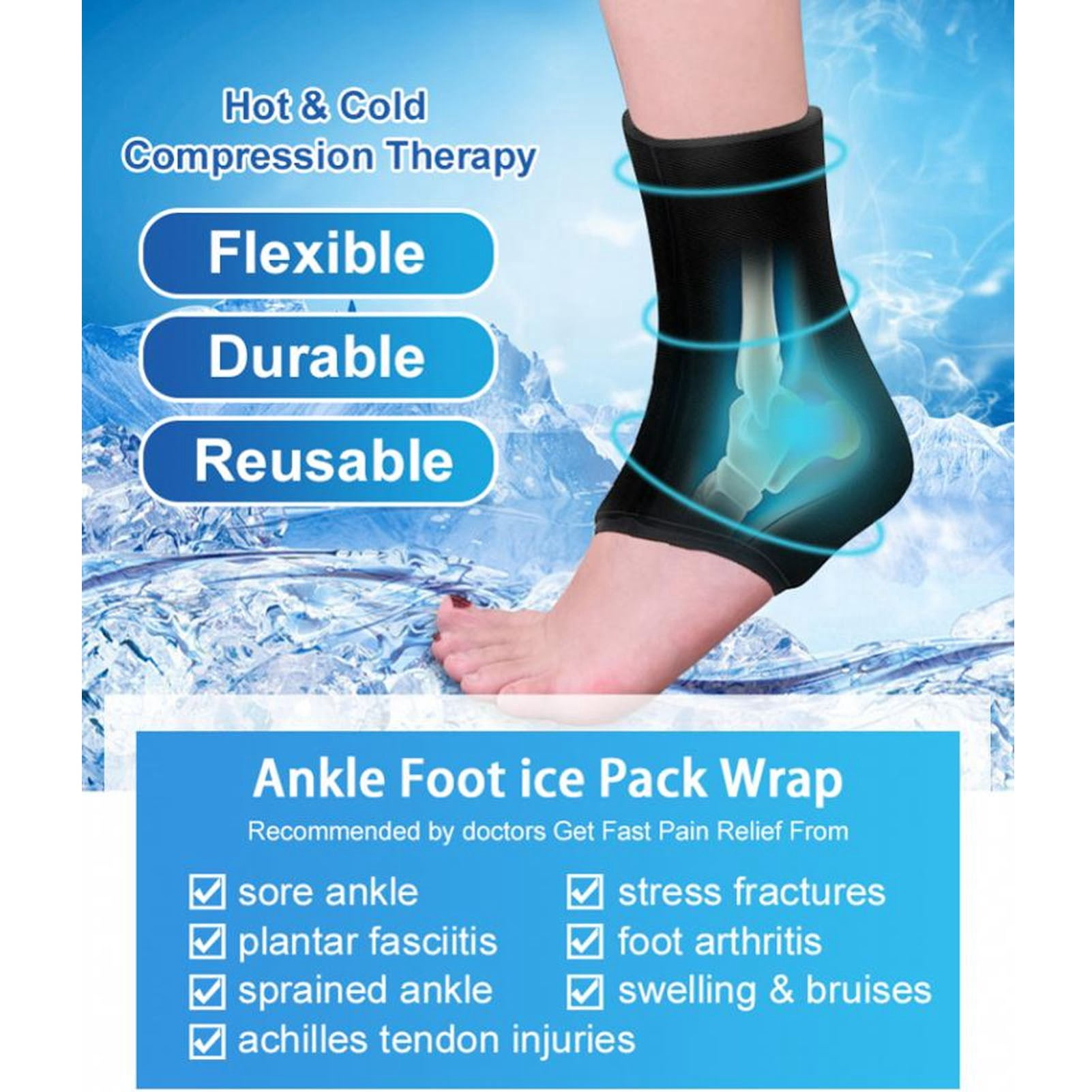 LAZIOEGR Ankle Gel Ice Pack for Plantar Fasciitis Relief, Reusable Cold Compression Wrap for Ankle Foot Injuries 9.06 x 7.48 in / 23 x 19 cm, Black