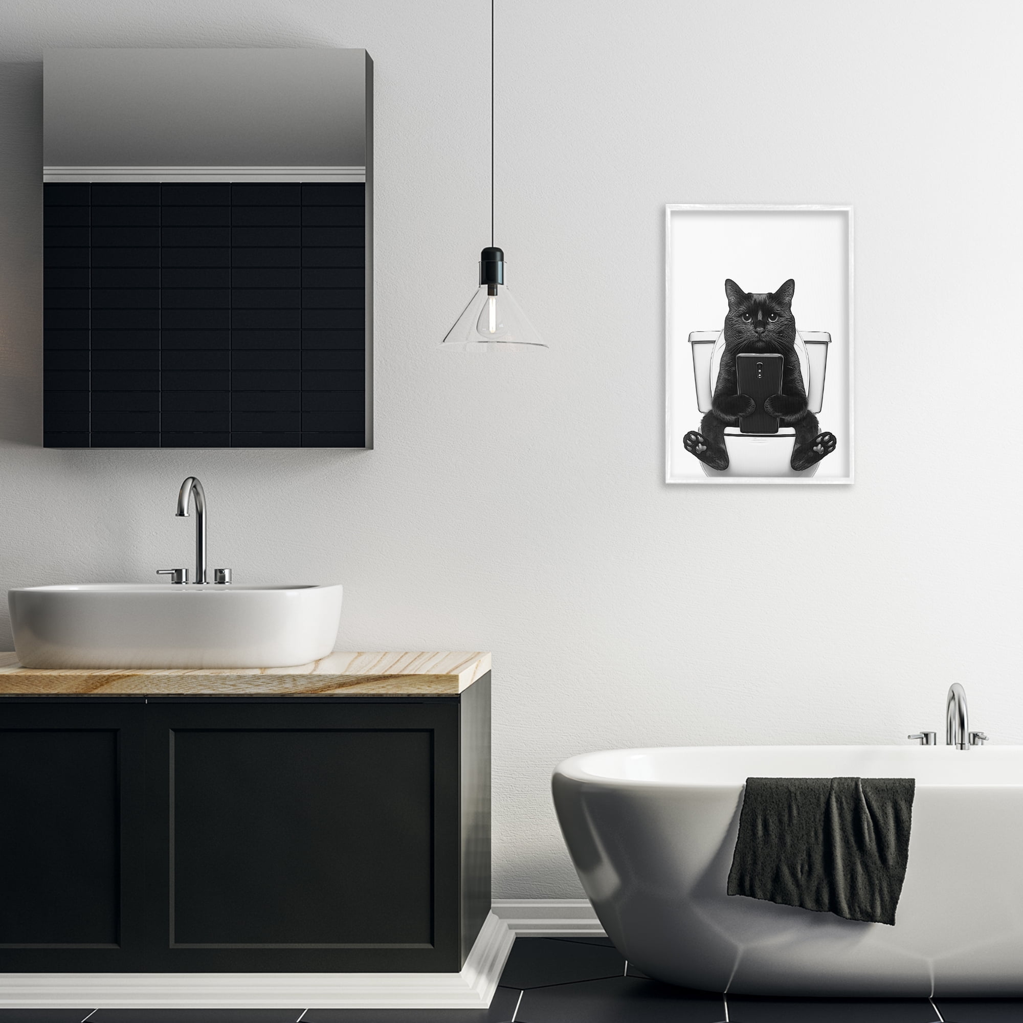 Stupell Industries Cat Texting on Toilet Typography Painting White Framed Art Print Wall Art, 16 x 24