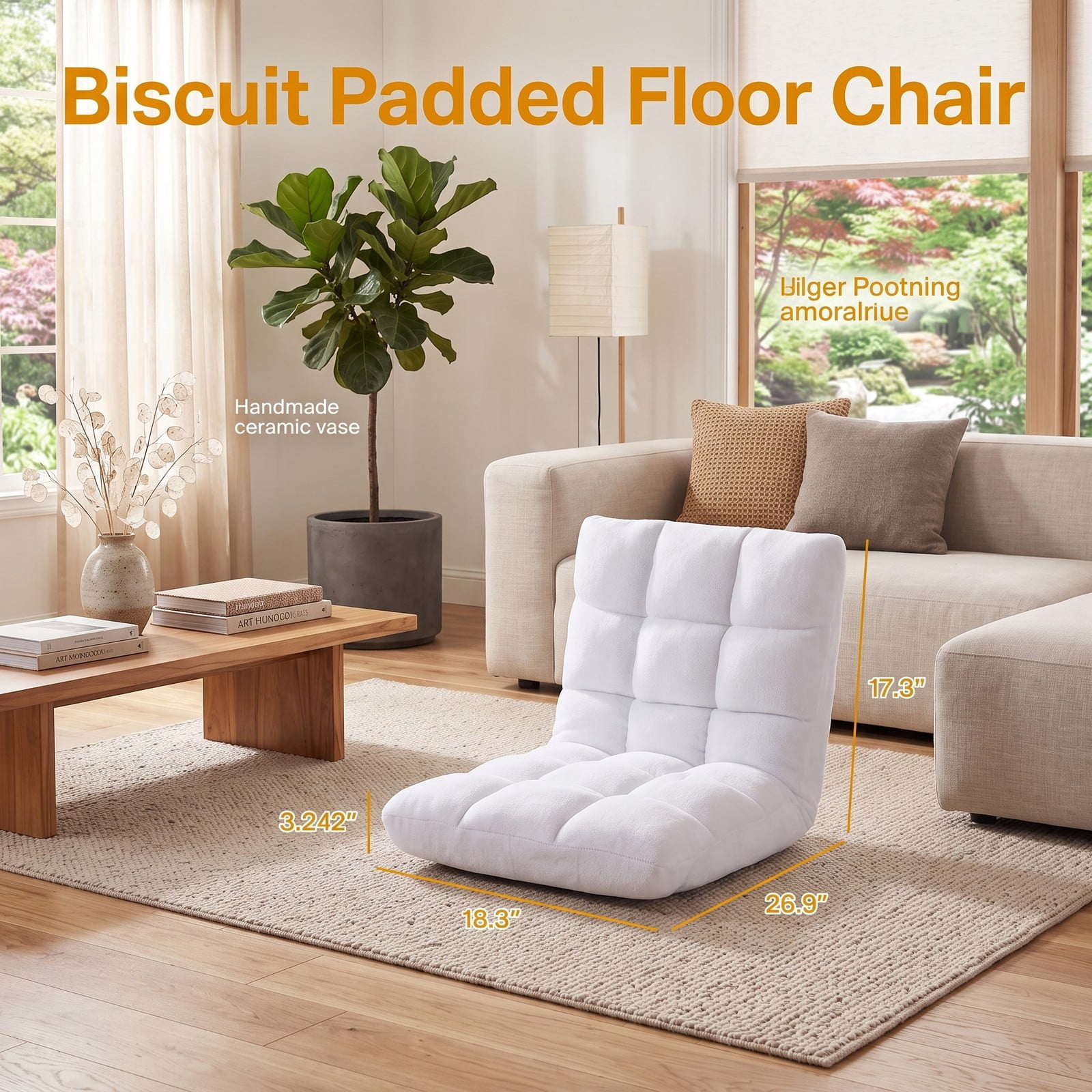 Furnibear 14-Position Adjustable Cushioned Floor Chair, Padded Folding Lazy Sofa Gaming Chair with Steel Frame Back Support for Living Room Bedroom Reading, White