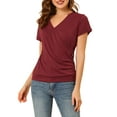 thumbnail image 5 of Allegra K Women's V Neck Wrap Top Short Sleeve Button Decor Ruched Top S Burgundy, 5 of 6