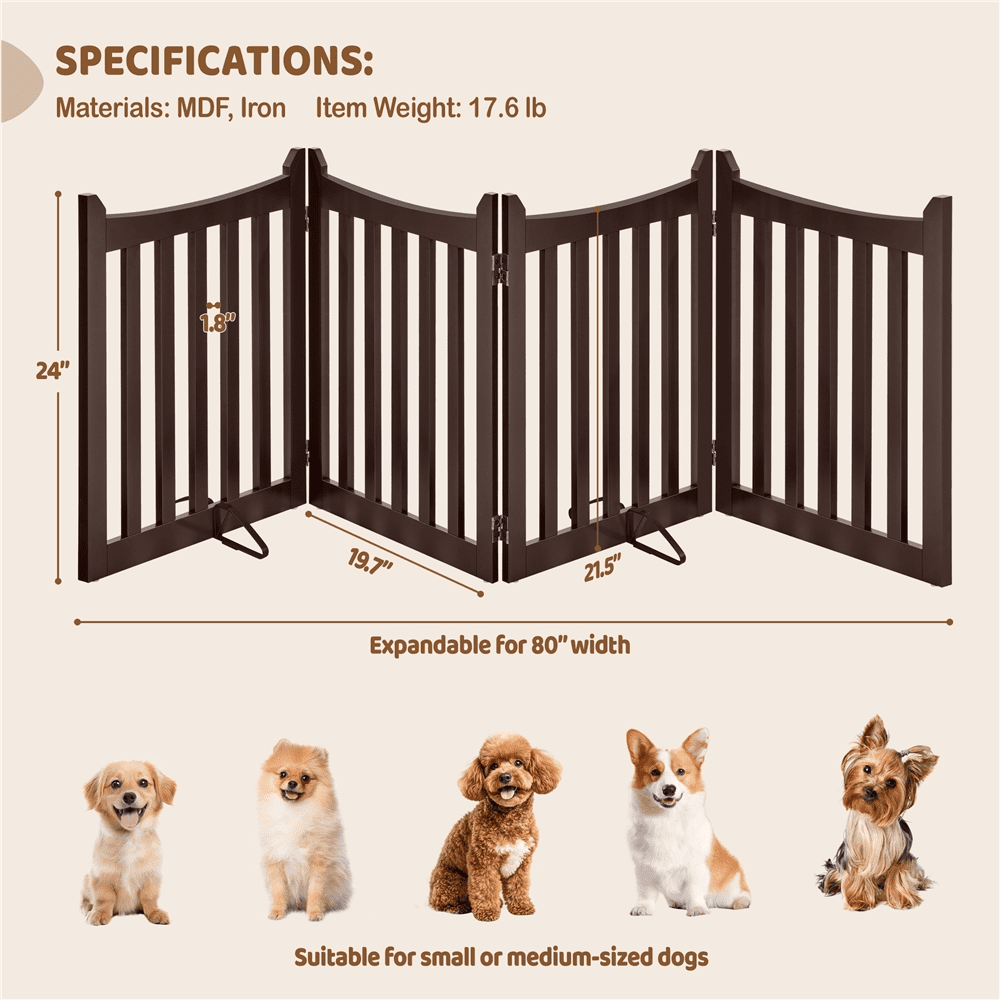 Alden Design 24" Tall Freestanding Foldable Pet Gate with 4 Wooden Panels, Espresso