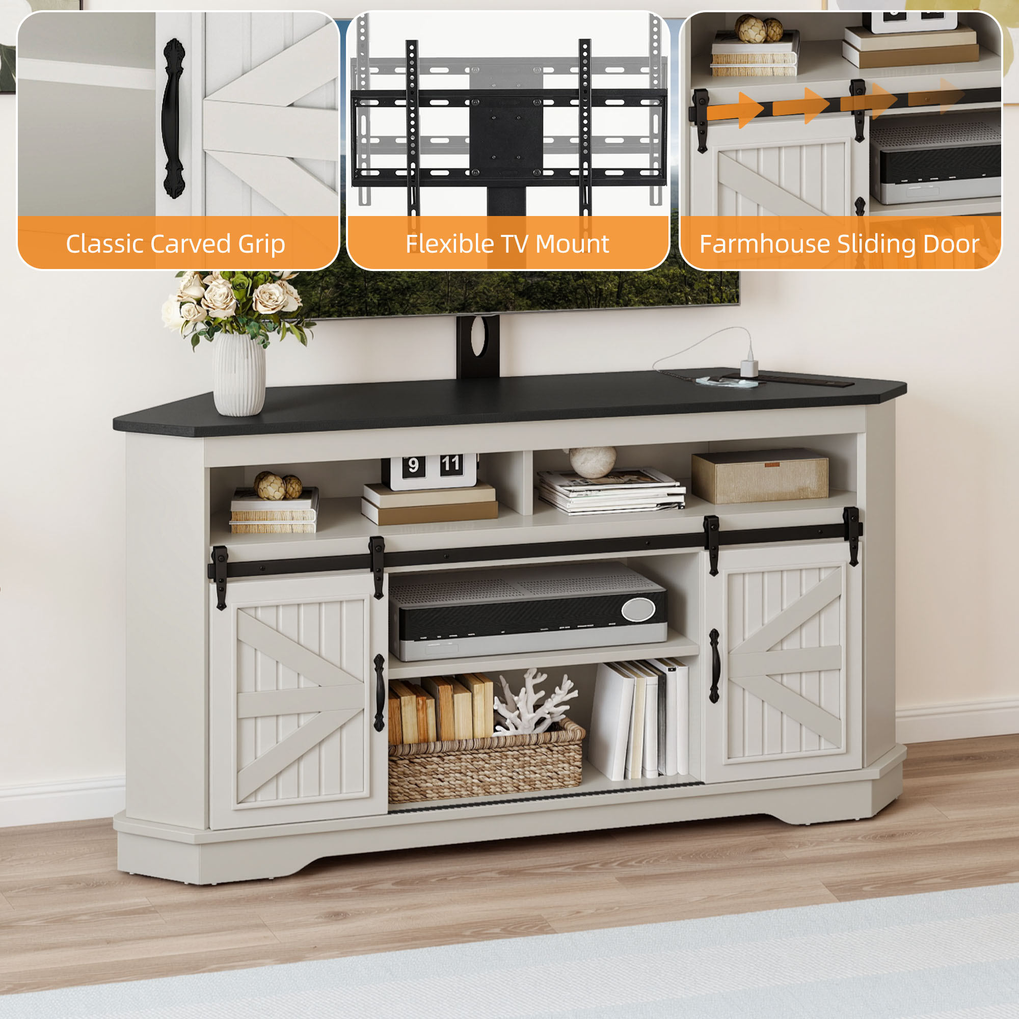 Craftian TV Stand for 70" TV with Mount, Farmhouse Entertainment Center with Power Outlets & Sliding Barn Doors, White