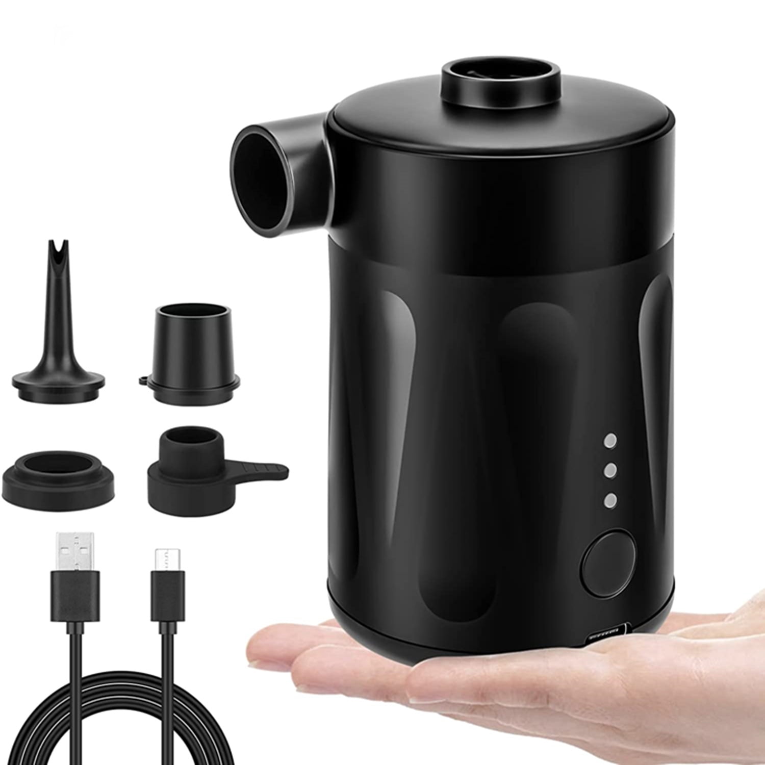 Pompe à Air Portable Sans Fil – Mini Gonfleur Pour Matelas, Vélo, Radeau, Camping, Couette – 5 Buses Incluses, Poids 150 G