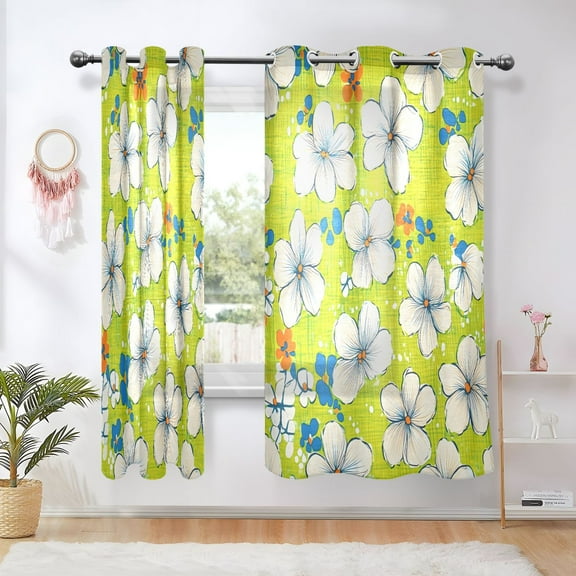 Sheer Curtains Grommet Drapes Window Treatments Light Filtering for Bedroom Living Room 2 Panels 42" x 63" Hawaiian-style White Hibiscus Flowers