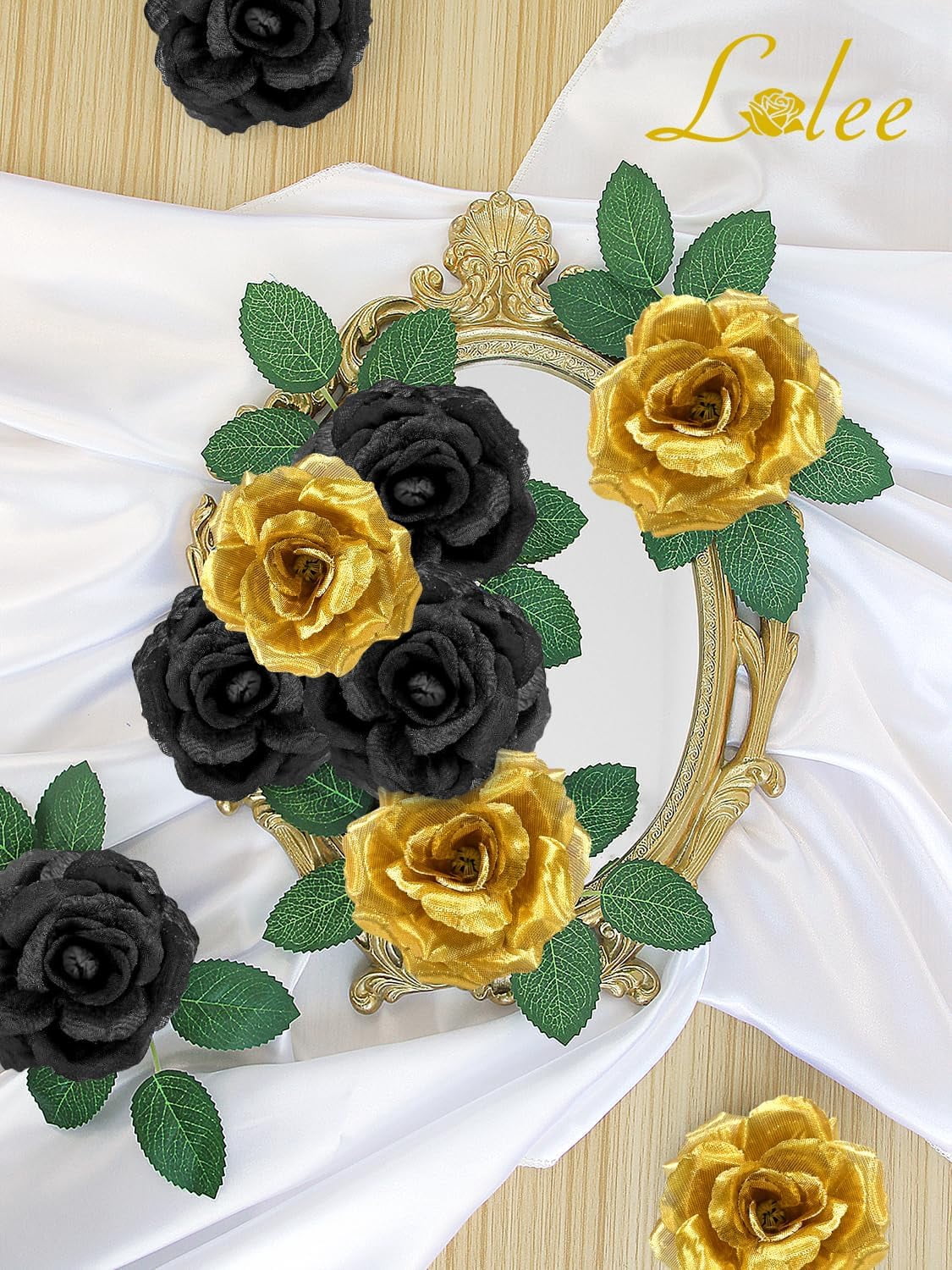 108pcs Roses Head Flowers with Stem - Black & Gold Graduation Artificial Flowers Rose Bulk - Silk Rose Fake Flower for Wedding Bouquet Decor DIY Baby Shower Centerpieces Grad Party Tables Decoration