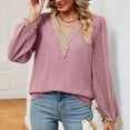 thumbnail image 6 of Scyoekwg Tops for Women Casual Fall Long Sleeve Shirts V-Neck Crochet Lace Trim Elegant Shirts Lightweight Loose Solid Color Fall Clothes Comfy Pullover (Pink,L), 6 of 7