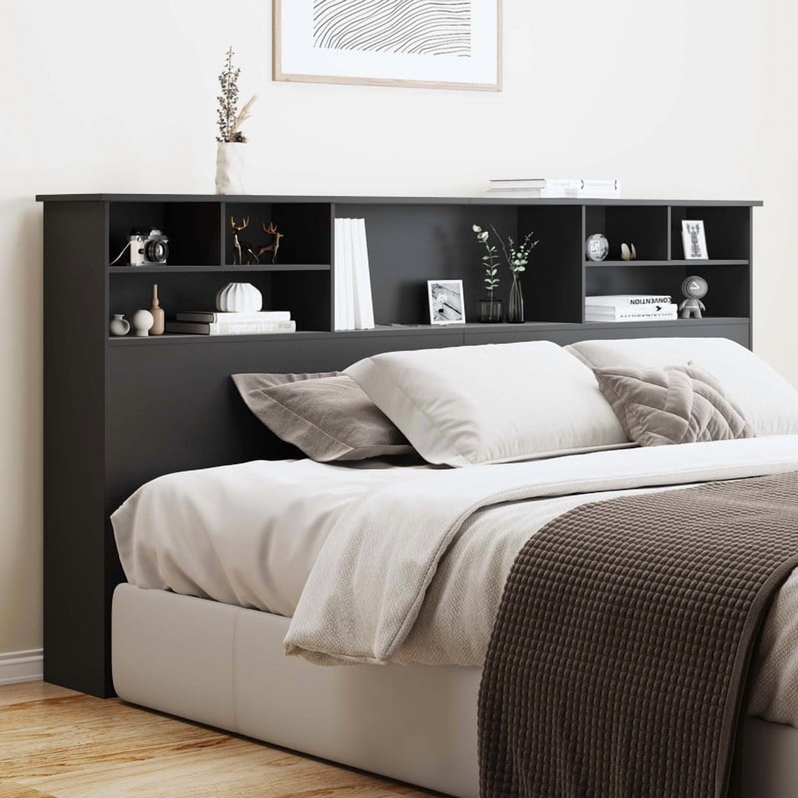 Someet Headboard for King Size with Storage, Bookcase Headboards with USB & Type-C Port & Power Outlets & 2 LED Lights, Durable and Sturdy, Black