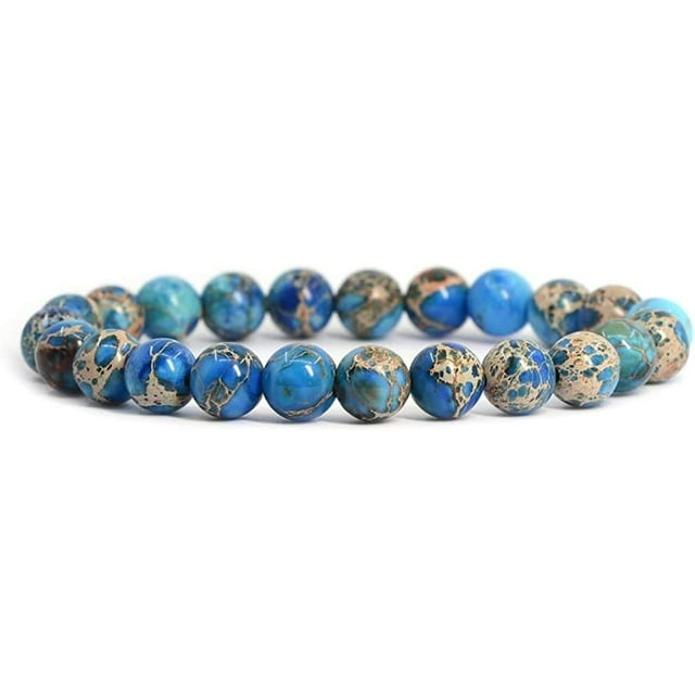 Bracelet Extensible Unisexe en Perles Rondes de 8 mm avec Pierre Précieuse Jaspe de Sédiment Marin Bleu, 7 Pouces