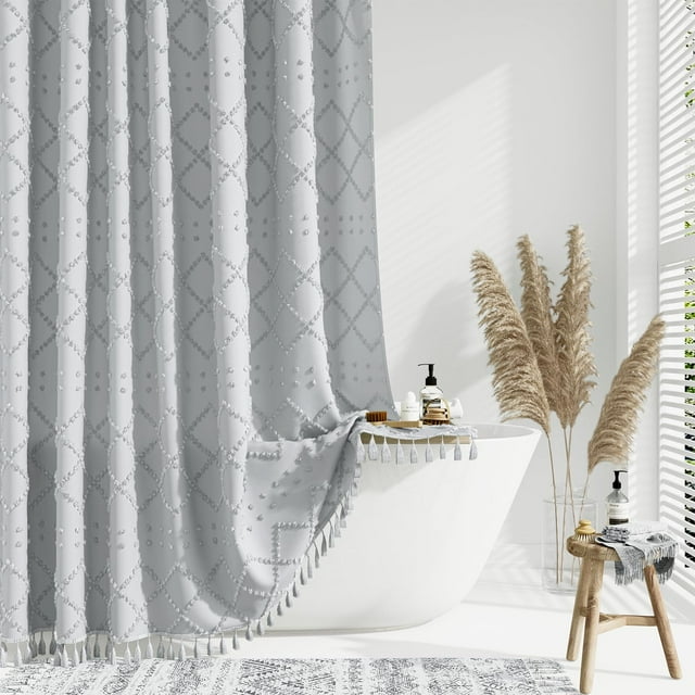 Dynamene 78 Inches Long Shower Curtain Boho Tufted Geometric Striped Tall Cloth Shower Curtains For Bathroom Decor Large Hotel Spa Luxury Shower Curtain Set With Hook Wrinkle Free Grey 72X78