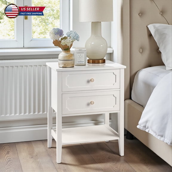 Hassch 2-Drawer Nightstand in White, Accent Bedside Table with Lower Shelf, Easy Assembly