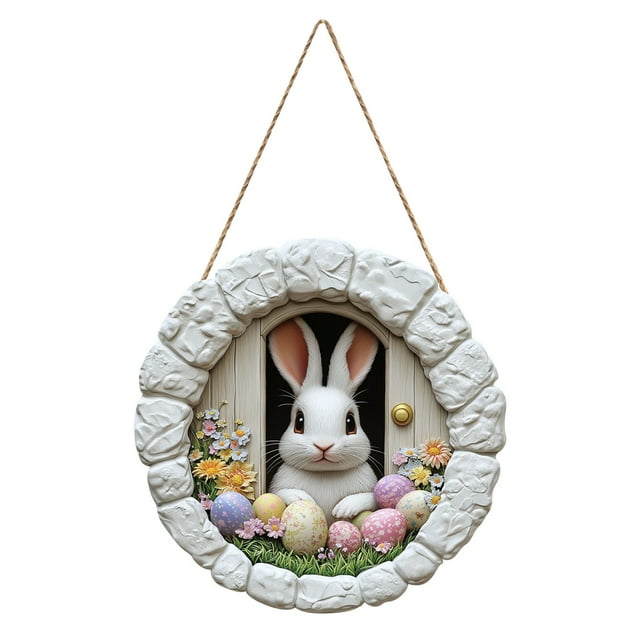 YWIYIUD 1PC Easter Wreath Rabbit Wooden Front Door Wreath 12 Inch, Easter Rabbit Eggs Wooden Sign, Round Easter Hanging Sign for Holiday Home Door Wall Farmhouse Decorations Indoors Outdoors