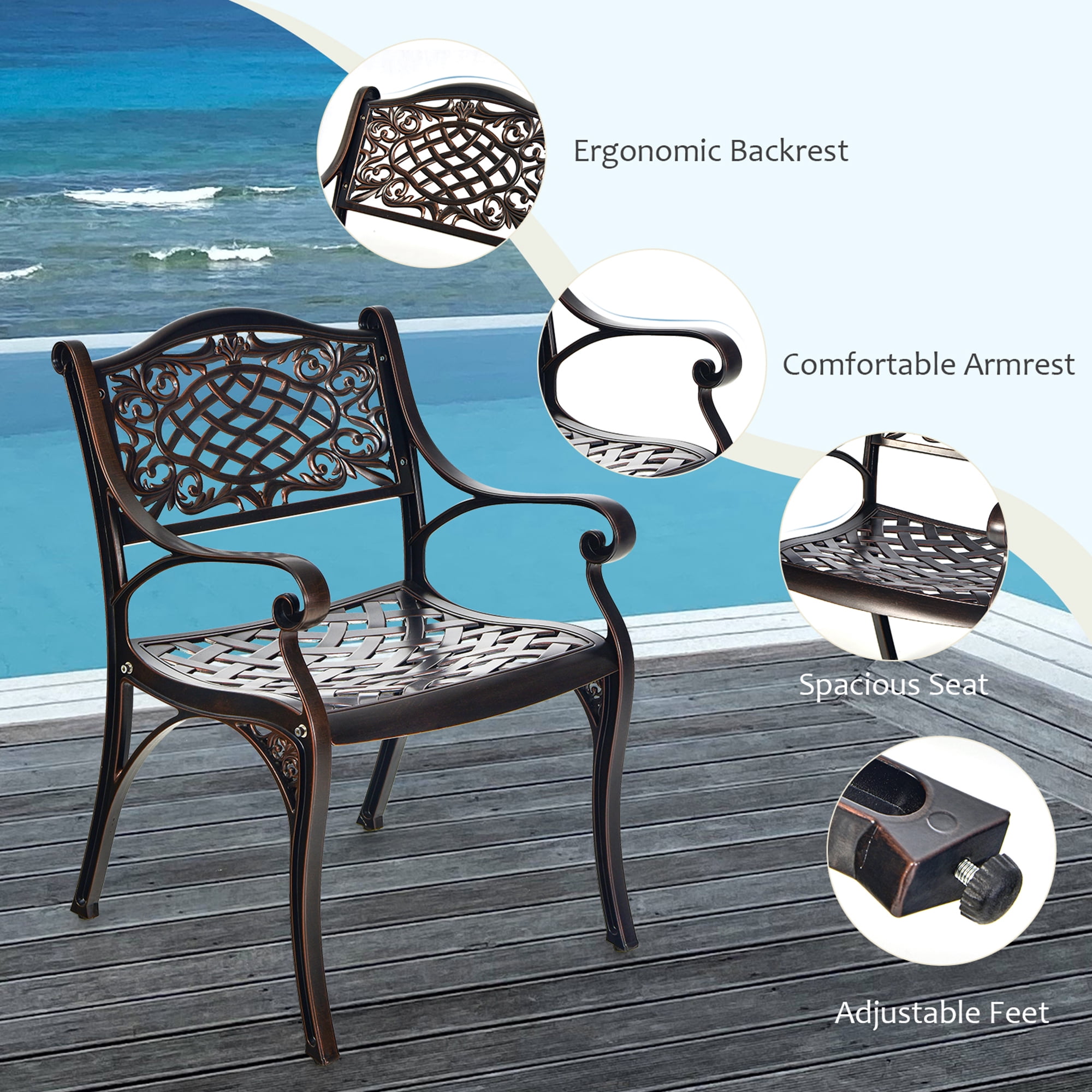 Gymax Set of 4 Outdoor Dining Chairs Cast Aluminum Patio Bistro Chairs Armchairs