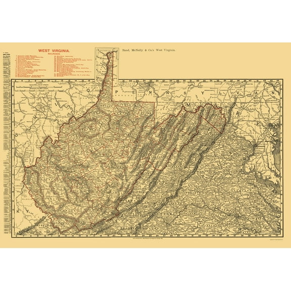 Railroad Map - West Virginia Railroads - Rand McNally 1898 - 23 x 32.51 - Vintage Wall Art