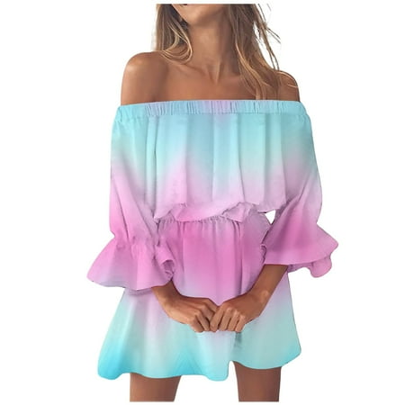 Blphud Everyday Dress Dress Summer Dresses for Women Beach Sexy Off Shoulder Tunic Summer Casual Loose Fit Bell Sleeve Dress Casual Dresses with Sleeves Hot Pink L