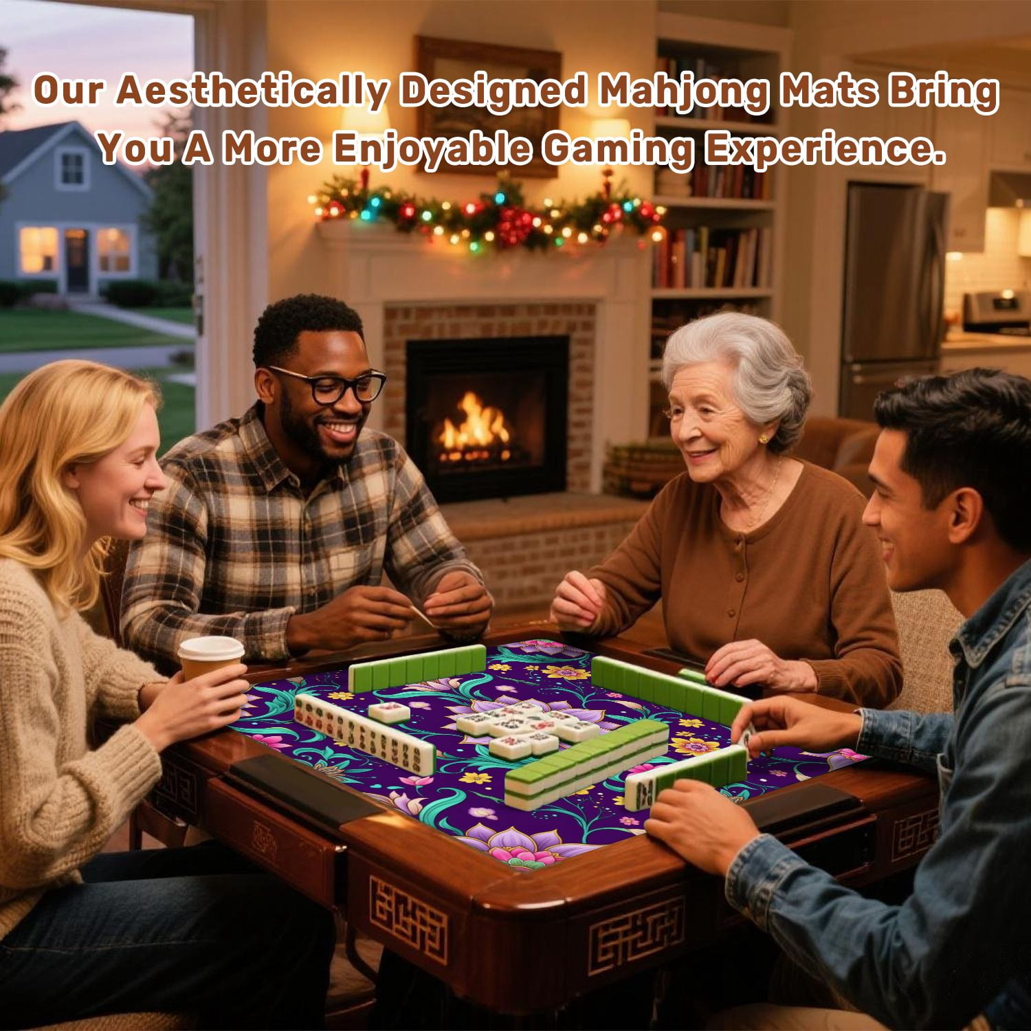 Mahjong Mat 31.5" x 31.5" Abstract geometric tiled ethnic seamless ornamental Design Non-Slip Noise Reduction American Mahjong Tiles Table Cover for Dominoes Poker Card Board Games Gift