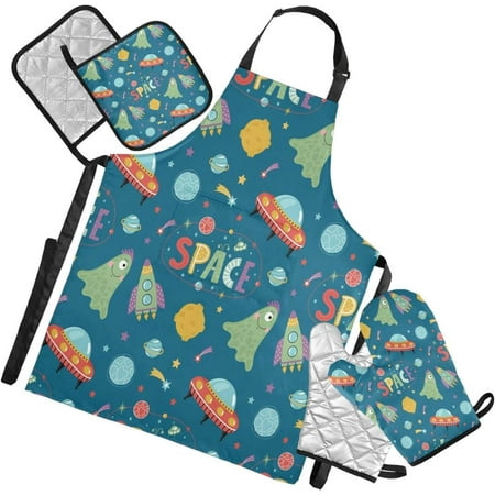 

Bestwell Funny Dinosaur Space Kitchen Apron Sets 1 Waterproof Apron with Pockets 2 Oven Mitts & 2 Pot Holders Kitchen Accessories Set Adjustable Strap for Kitchen Cooking