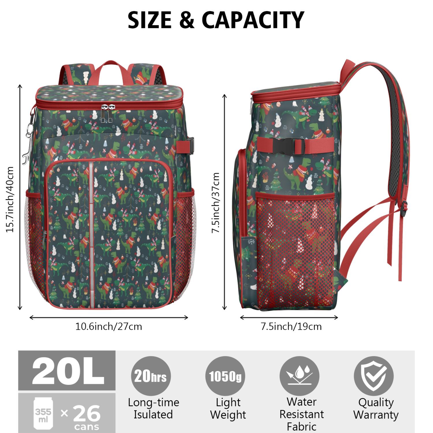Travel Cooler Bag - Green Christmas Dinosaur and Snowman Pattern Camping Beer Cooler Backpack with Bottle Opener- Waterproof Insulated Picnic Backpacks - Cooler Bag for Beach